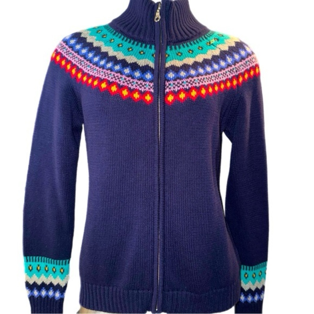 Talbots Fair Isle Full Zip Sweater M 100% Cotton Navy Nordic Cardigan scandi - Picture 2 of 8